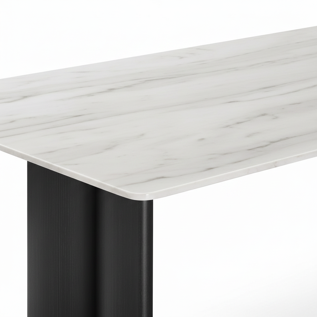 Caspian Marble Dining Table white background marble tabletop corner detail