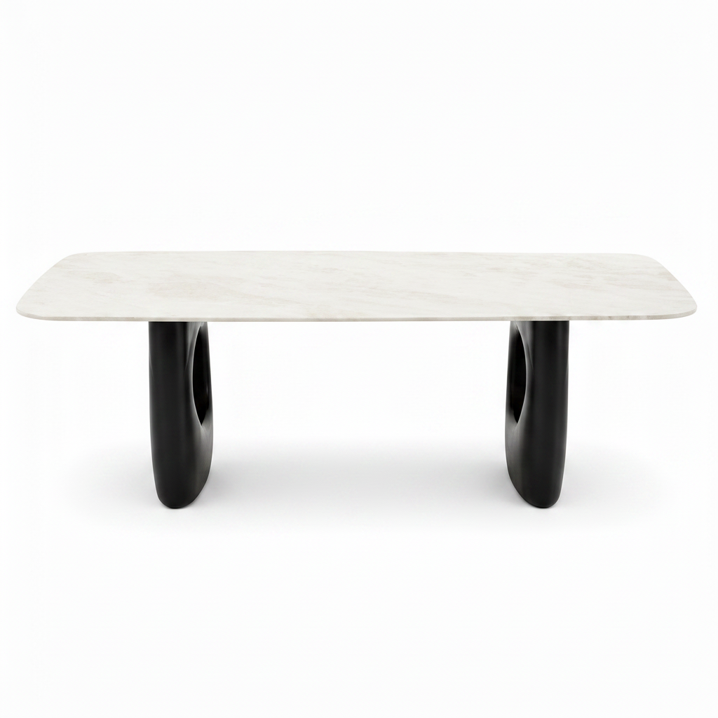 Briselle stone dining table strict straight front view with slab supports