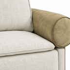 Dorselle Sofa cream seat cushion and tan arm seam close-up