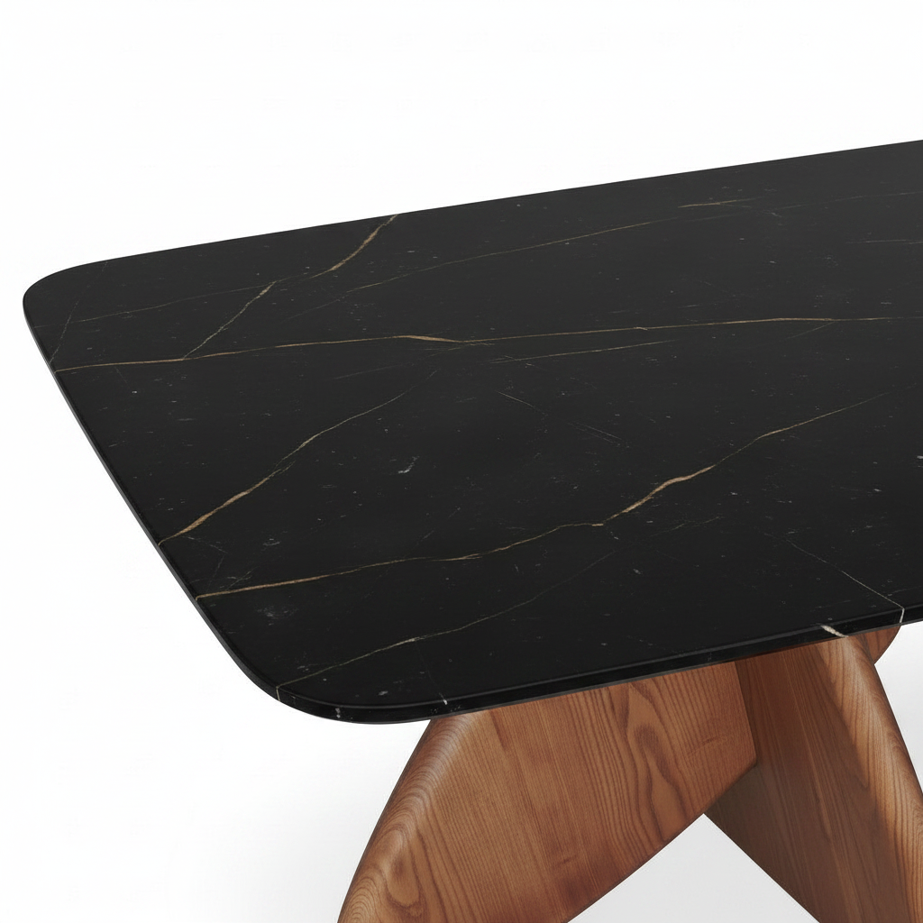 Close-up of Rosaline Marble Dining Table black marble surface and natural veining