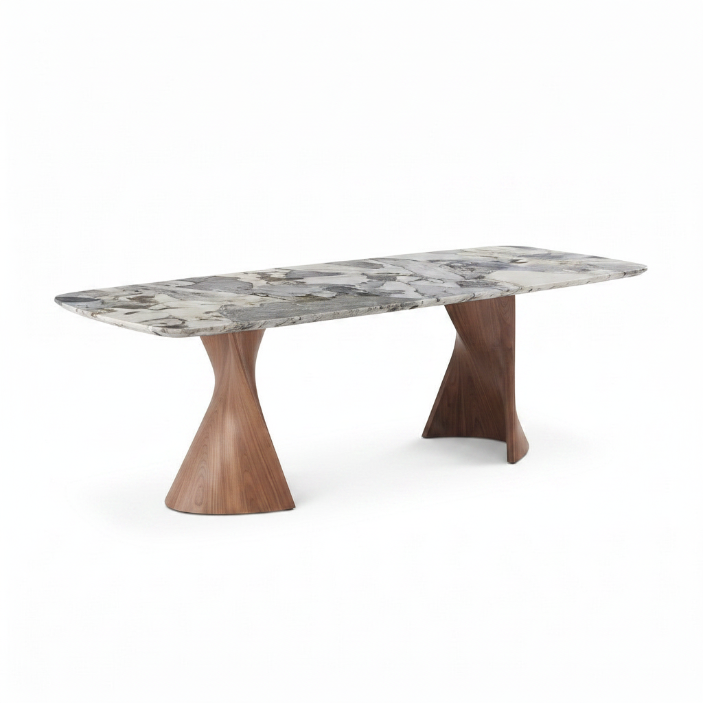 Valencay Marble Dining Table with natural marble top and twisted wood bases, true 45-degree three-quarter view on a white background