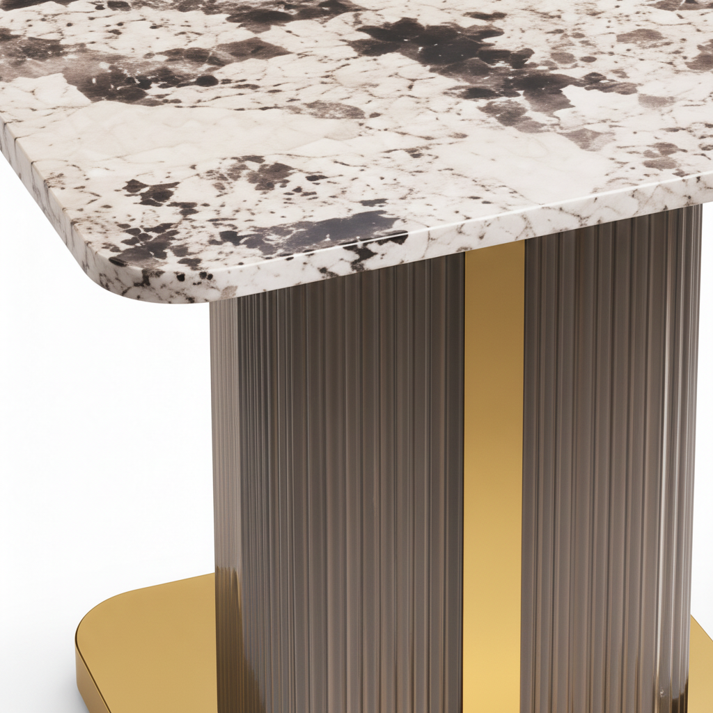Talmere End Table faux-stone top, fluted wood pedestal, and gold base detail close-up