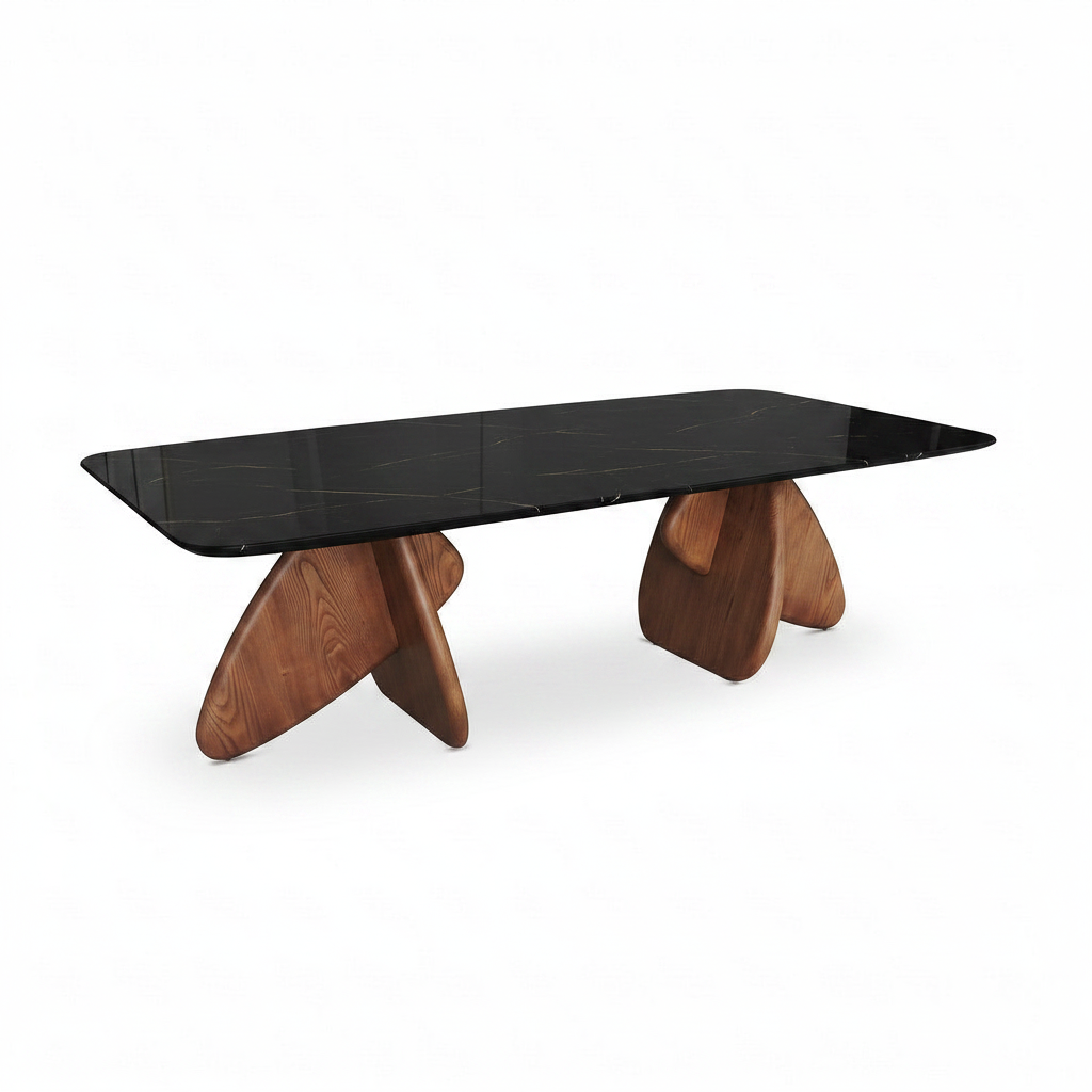 Rosaline Marble Dining Table 45-degree right-facing view with matching sculptural ash wood supports on a white background