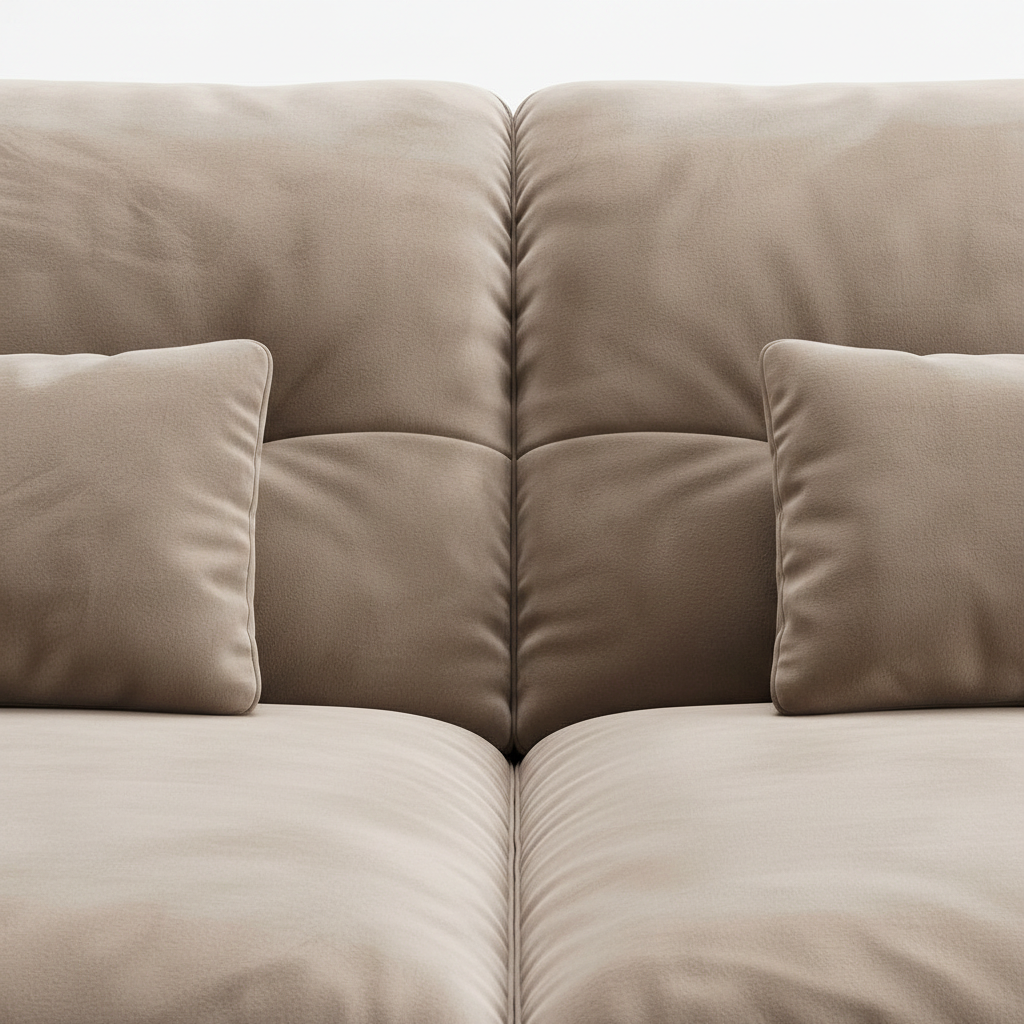 Kervaro Sofa taupe-beige fabric, tufted back and seat seam detail