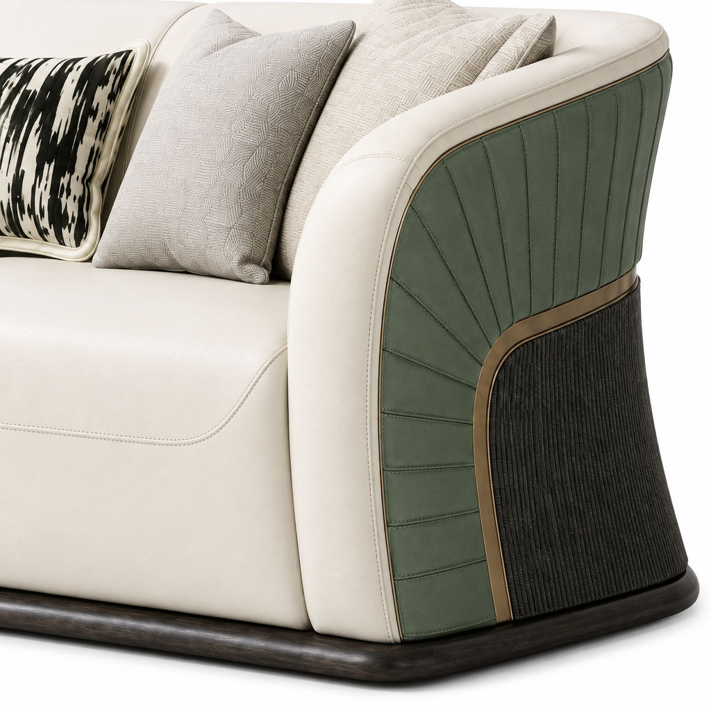 Zevrane Loveseat green fan-panel side and bronze trim close-up