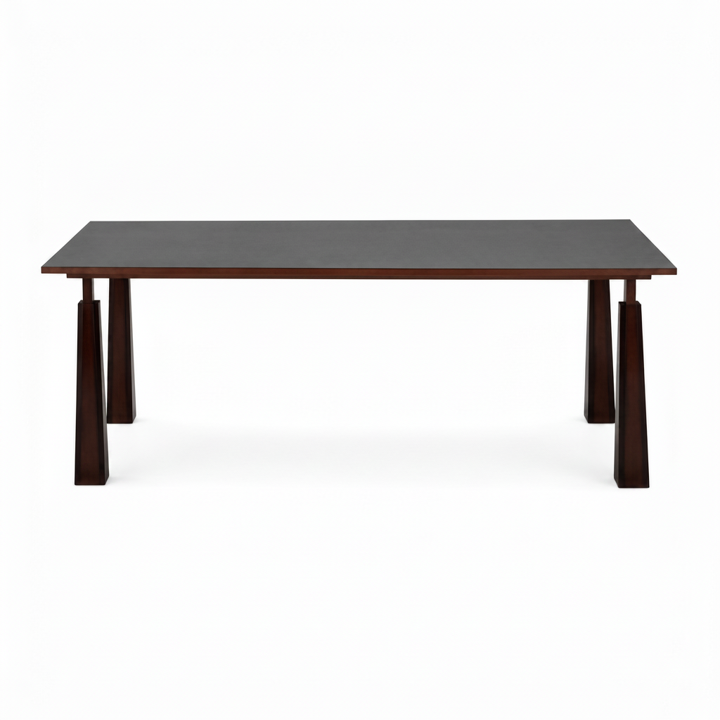 Jorisse Dining Table in solid wood and carbon steel, straight front view