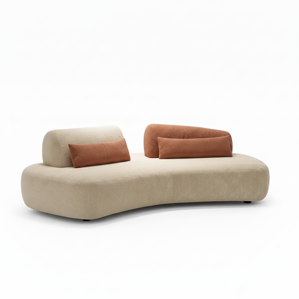 Lacour sectional with rounded light neutral upholstery and brown cushions, opposite three-quarter side view.