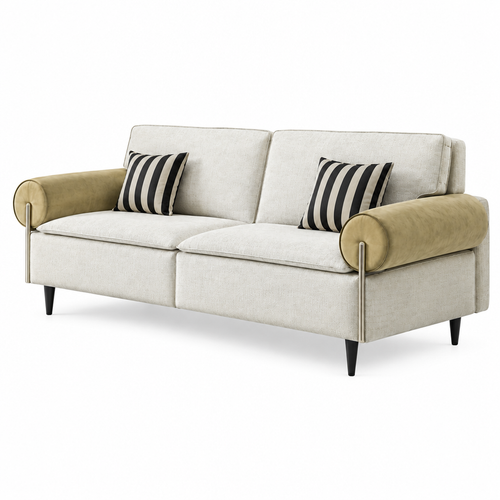 Dorselle Sofa cream fabric and tan arms, wider right-front 45-degree view