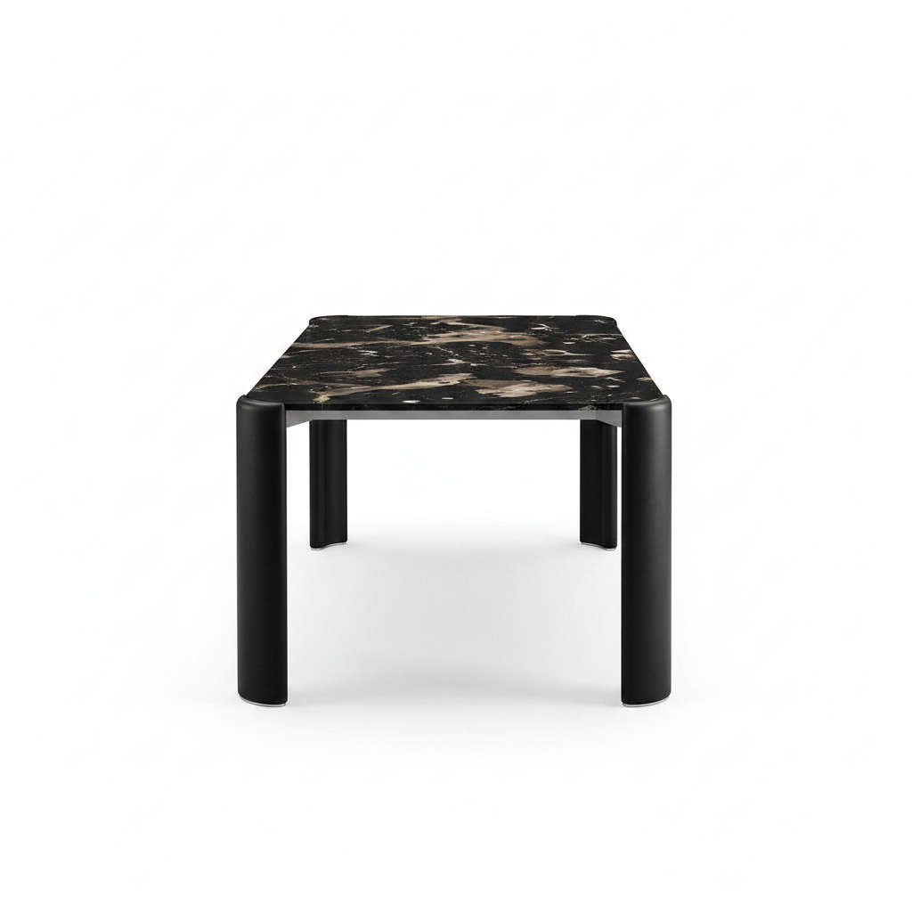 Urbelle Dining Table in black and wood, 90-degree side view on white background