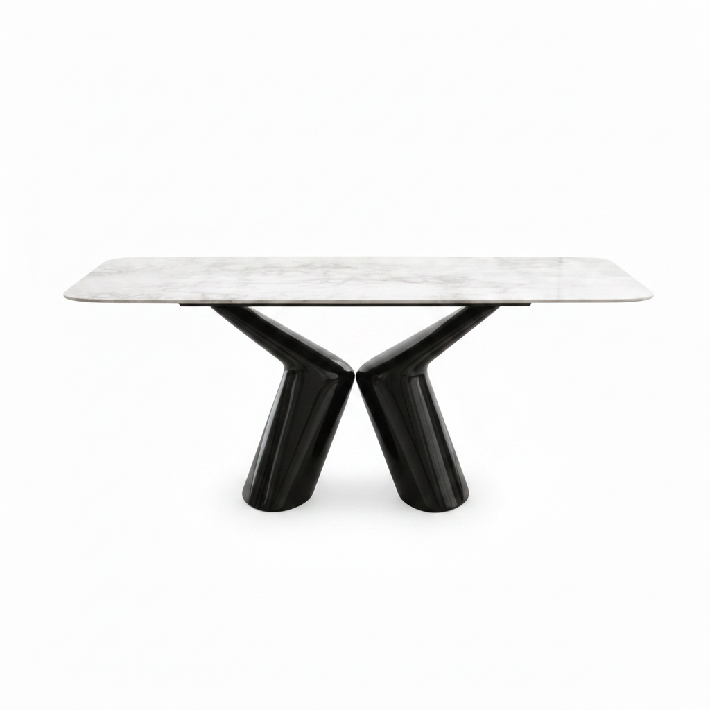 Sylvere Dining Table in marble and stainless steel, straight front view on white background