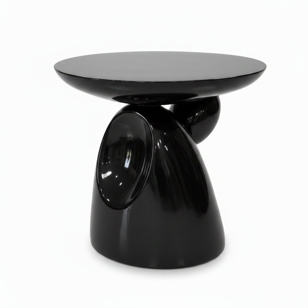 Ismeron Decor rear right three-quarter view showing the back of the glossy black sculptural base.