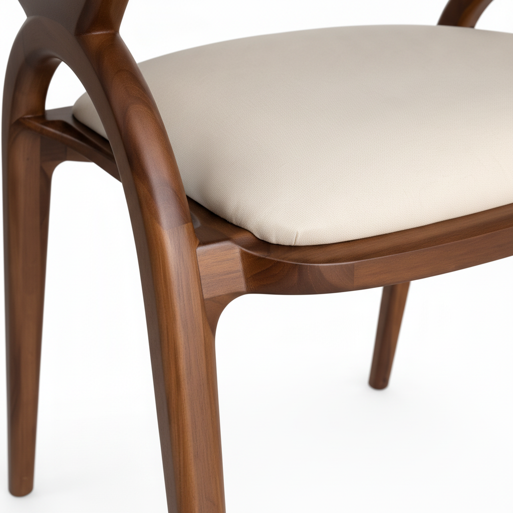 Amarante Dining Chair cream seat cushion and dark wood leg detail on white background