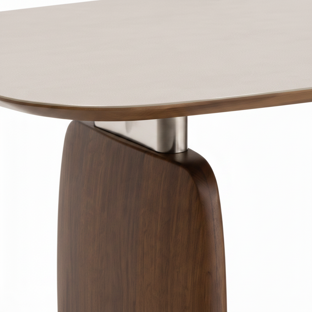 Falesse dining table tabletop edge and metal connector detail