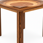 Rensaro End Table on a white background, close-up detail of tapered fluted wood leg and apron join