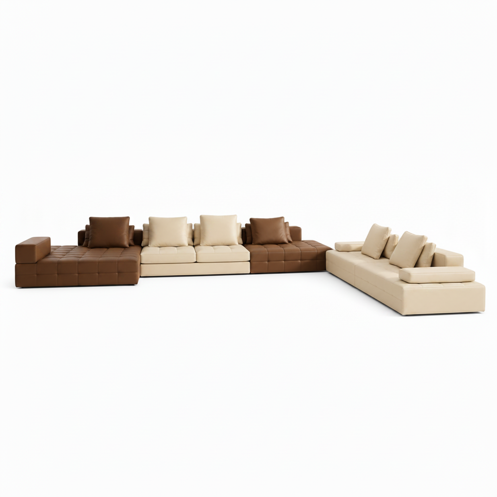 Brenoir Noir Sofa modular sectional sofa, elevated front view showing seat depth, cushions, seams, and chaise on white