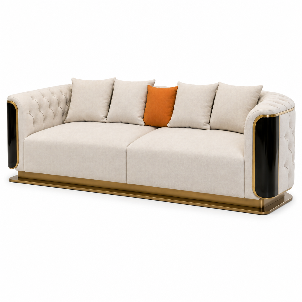 Palisandre Loveseat cream upholstery and orange cushion, wider right-front 45-degree view