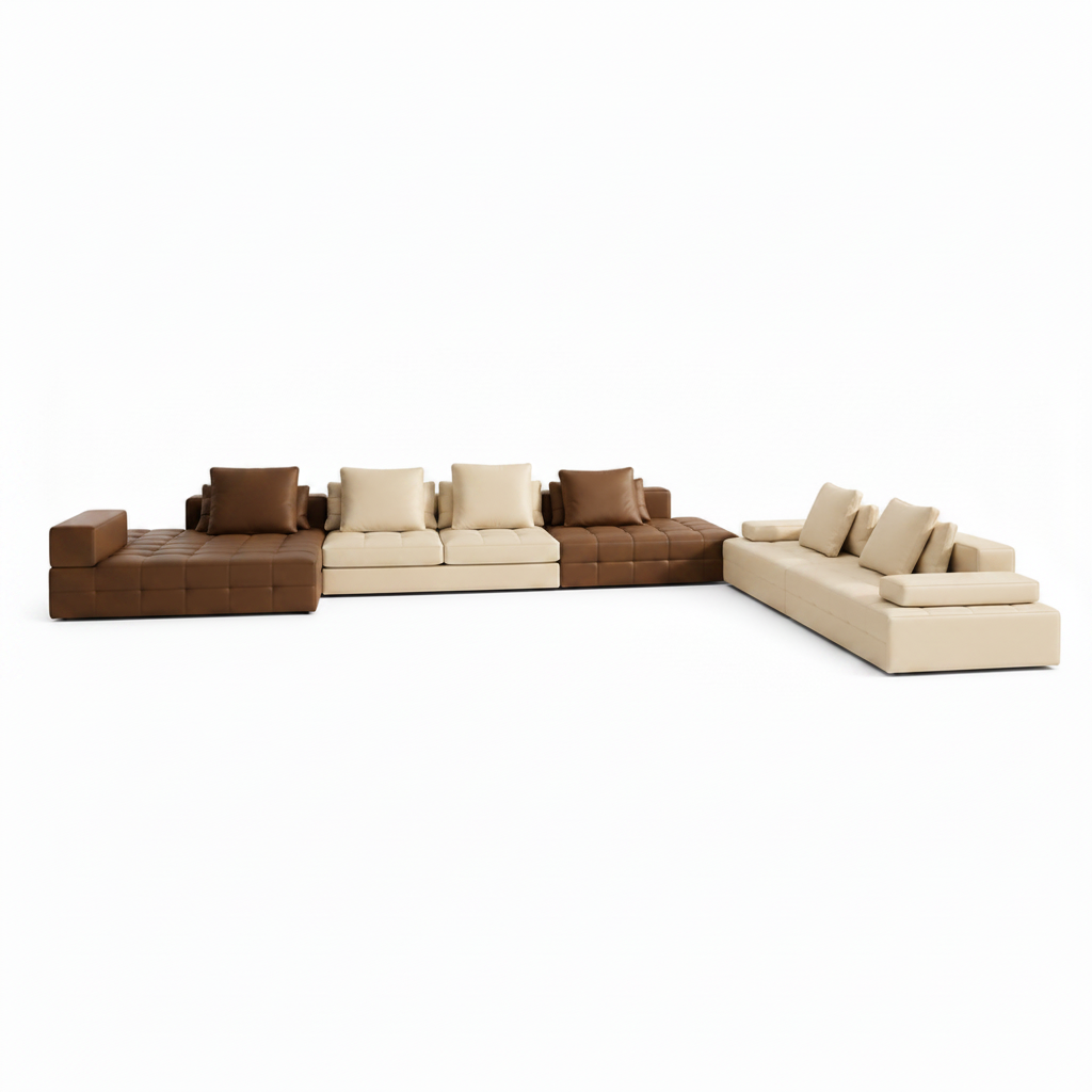 Brenoir Noir Sofa modular sectional sofa in brown and ivory upholstery, front view on a white background