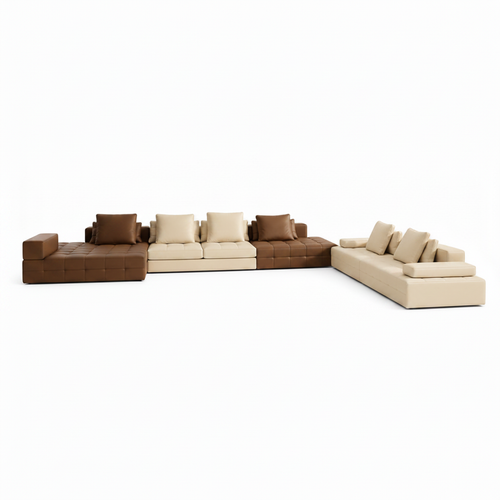 Brenoir Noir Sofa modular sectional sofa in brown and ivory upholstery, front view on a white background