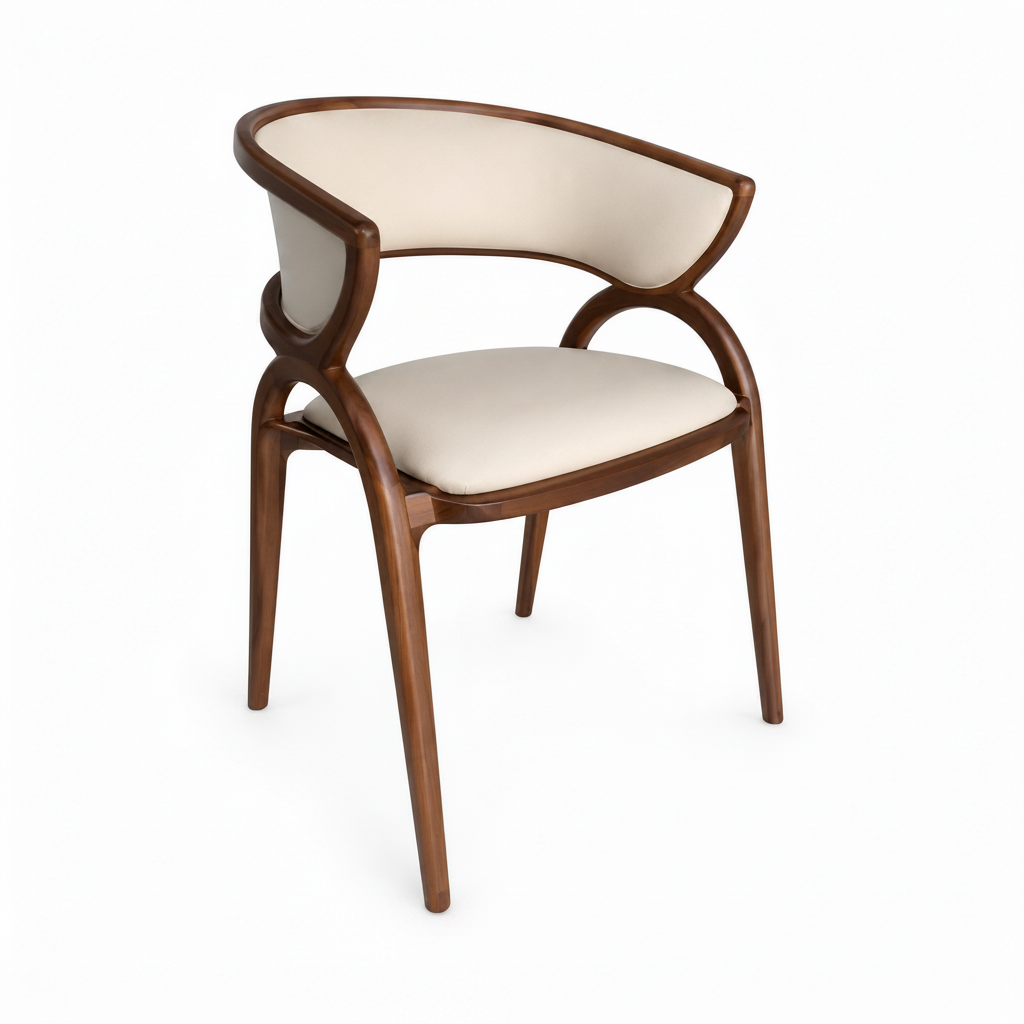 Amarante Dining Chair in cream upholstery and dark wood, right-facing 45-degree view on white background