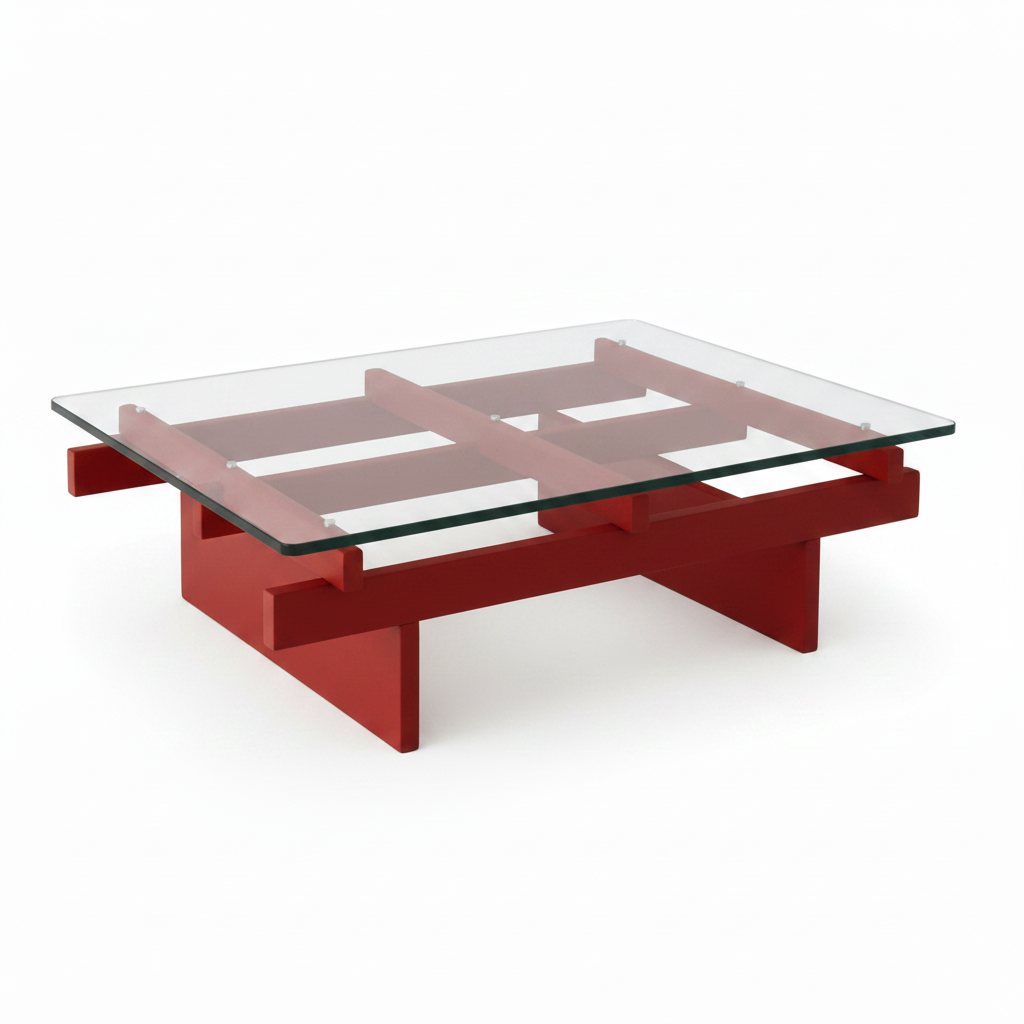 Rovenza Coffee Table clear glass top and red wood frame, left-near right-far 45-degree view