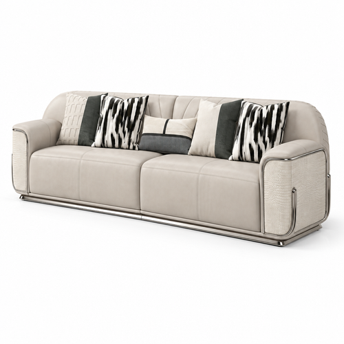 Ardellon Sofa ivory leather with silver metal base, right-front 45-degree view