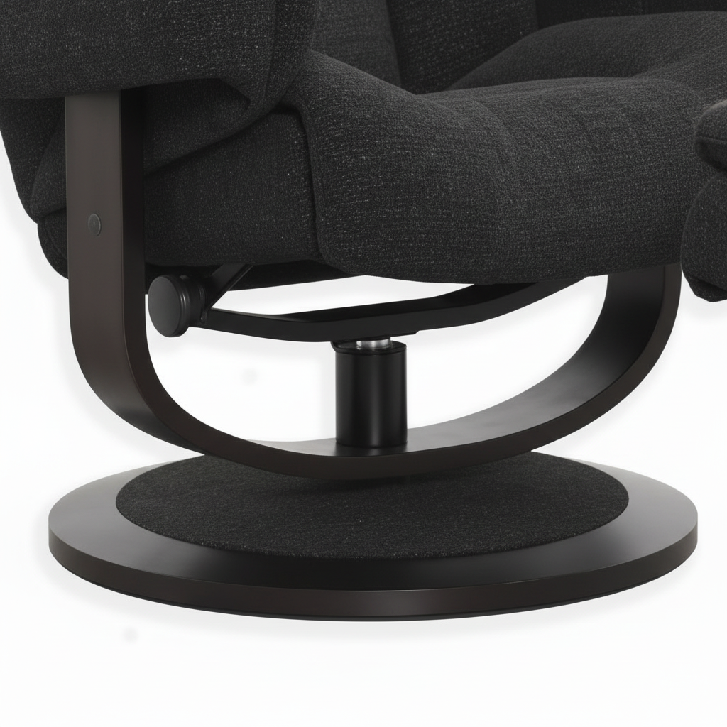 Close-up of the black curved support leg, pivot hardware, lower frame, and round base on the Trevoux accent chair.