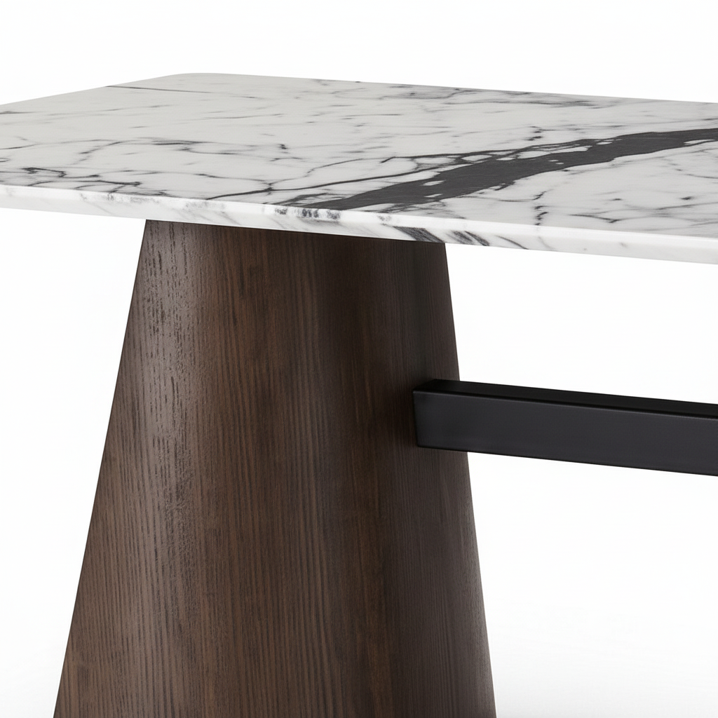 Nocturne Marble Dining Table wood detail, dark brown pedestal base and black support bar