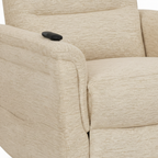 Close-up of the light beige fabric texture, padded armrest, seat seam, backrest, and recliner control on the Vaudelle accent chair.