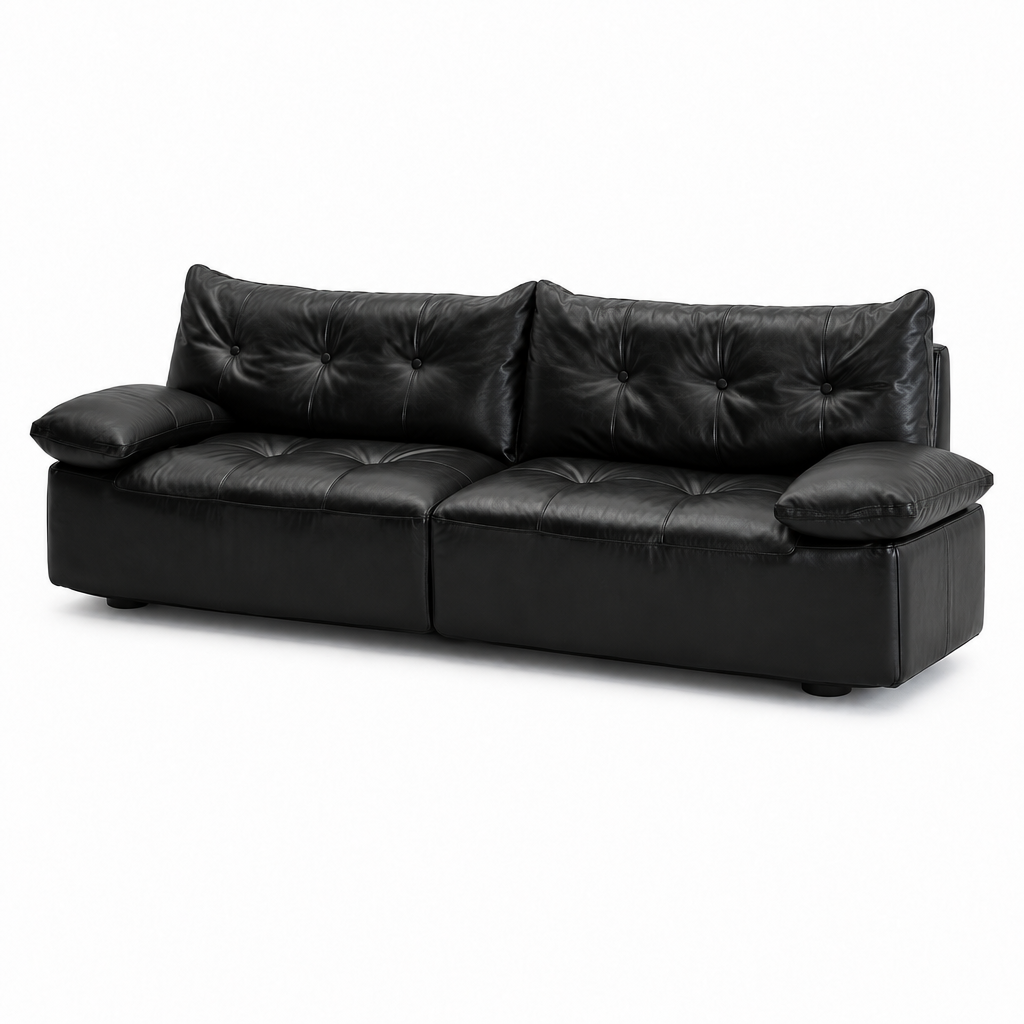 Liorenzo Sofa black leather tufted cushions, wider right-front 45-degree view