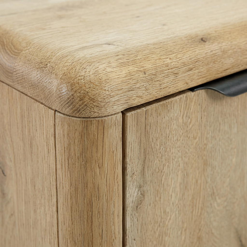 Solenne Arc TV Console rounded top corner and knotty oak wood grain detail