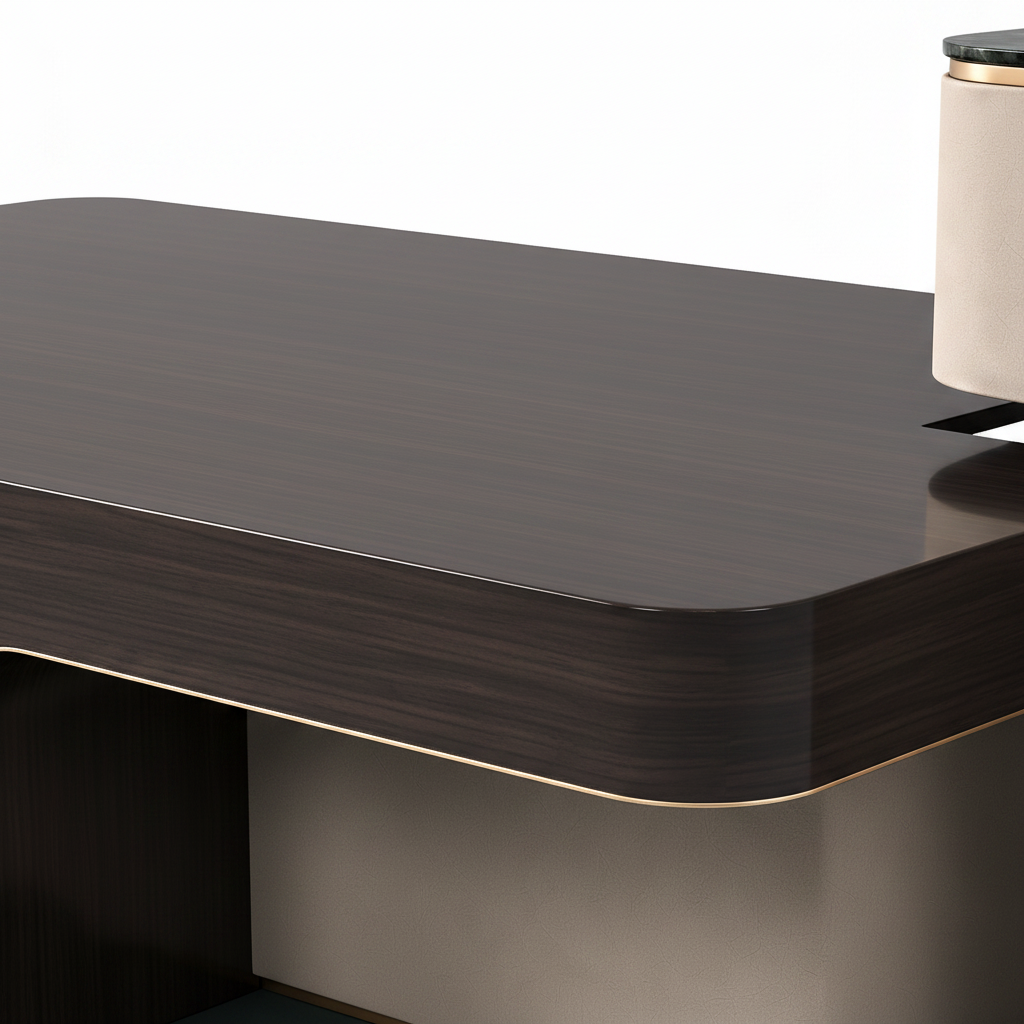 Close-up of the Merenza Coffee Table dark tabletop edge and surface detail on a white background