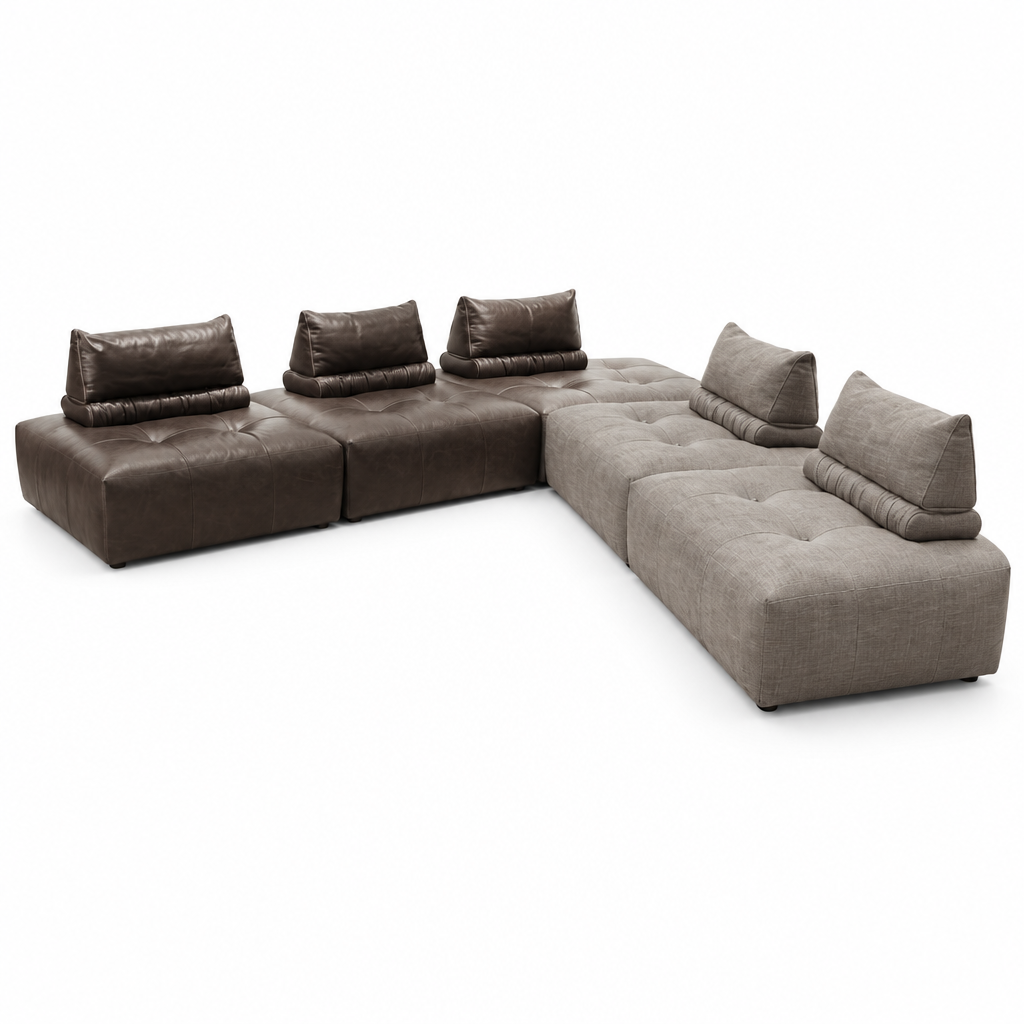 Wynora Fabric Sofa L-shaped modular sectional, leather and fabric two-tone, right-front 45-degree view