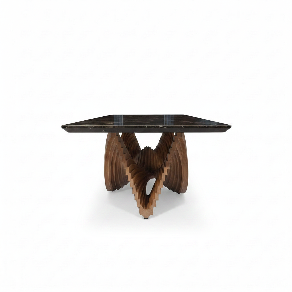 Varenne Marble Dining Table in marble and layered solid ash wood, true 90-degree short-end side view on a white background