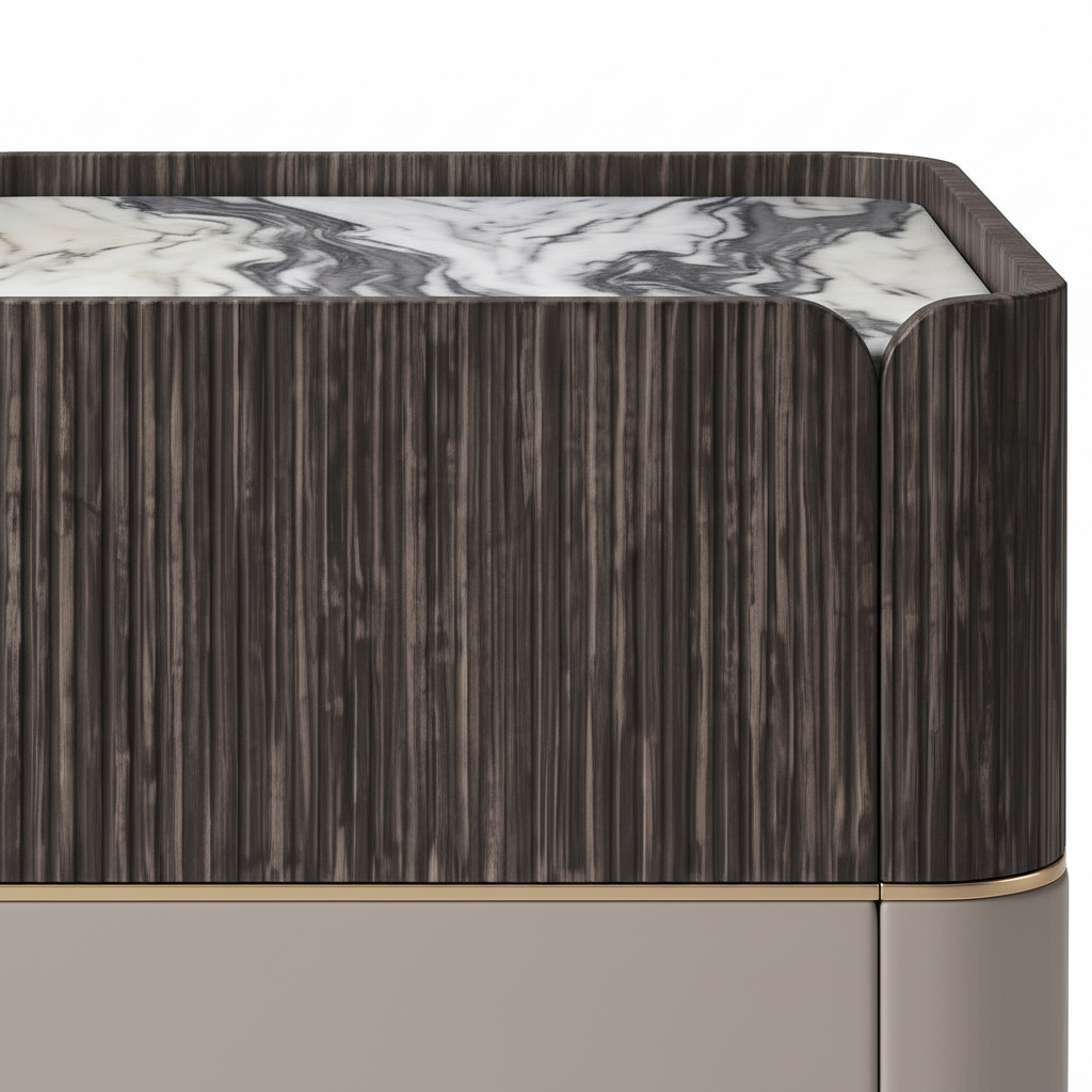 Cyrmont End Table marble top, fluted wood, gold trim, and leg connection macro detail