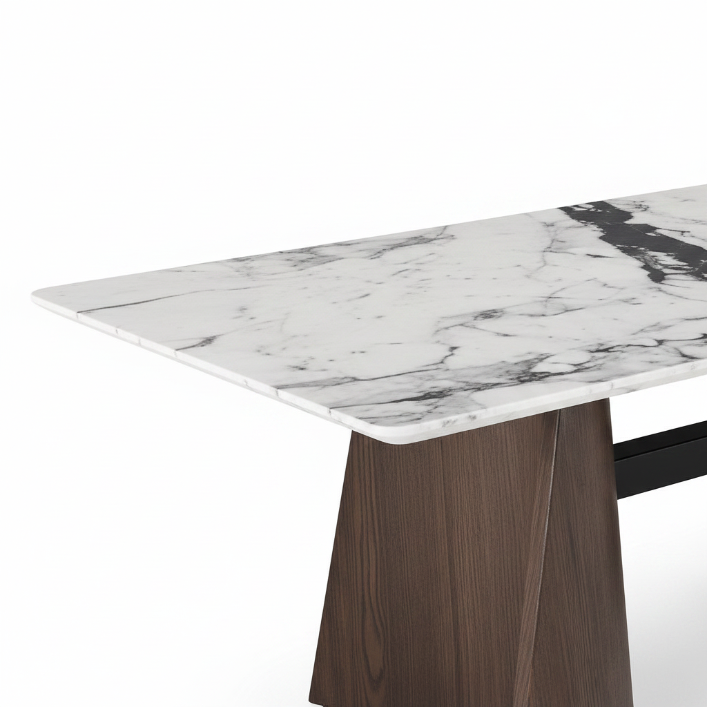 Nocturne Marble Dining Table tabletop detail, white marble edge, veining and dark wood pedestal