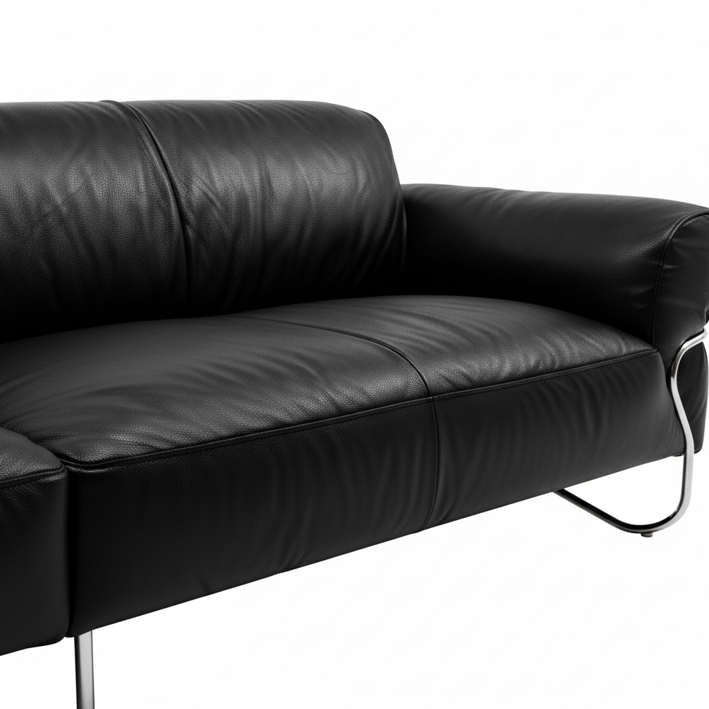 Quarielle Sofa black leather close-up showing seat seams, back cushion stitching, and metal frame.
