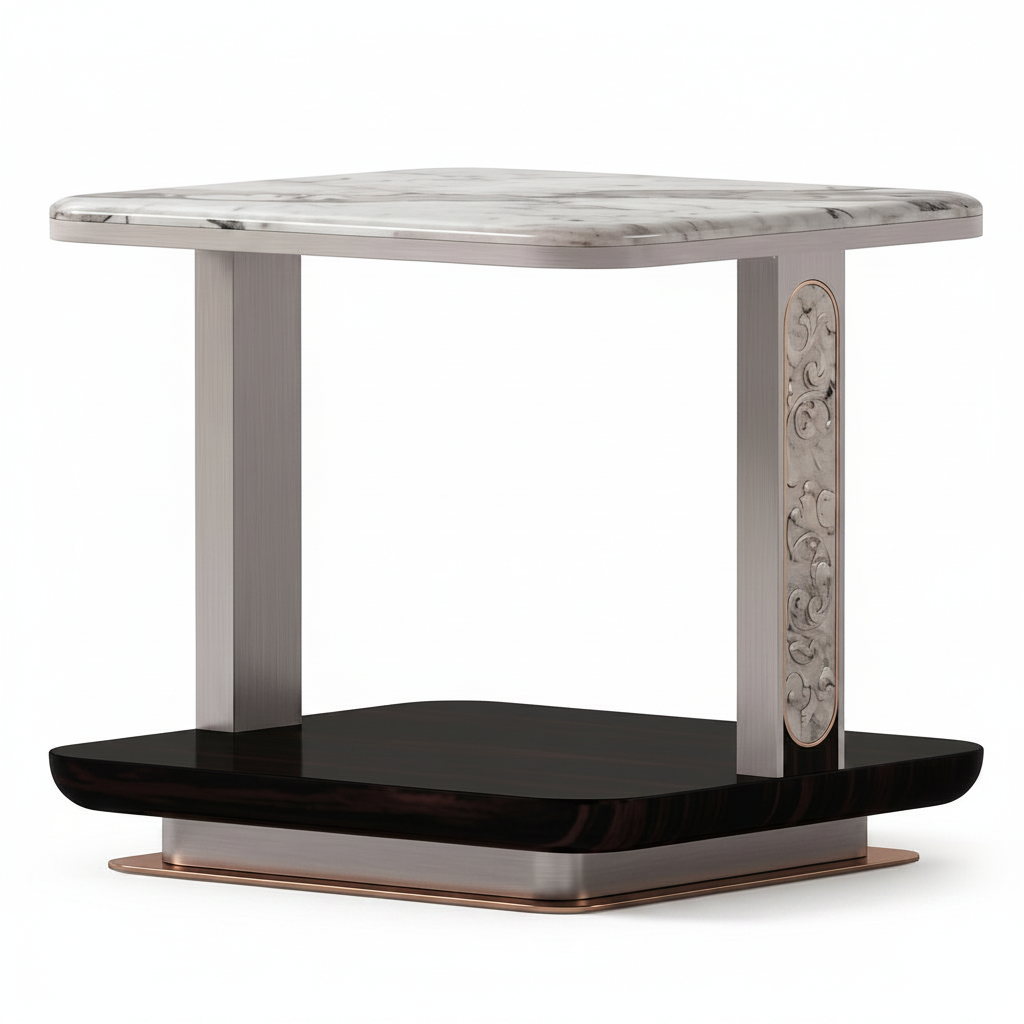 Cevrano End Table marble top, carved support, black shelf, and metal base, 45 degree side view