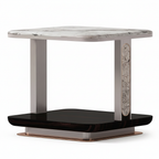 Cevrano End Table marble top, carved support, black shelf, and metal base, 45 degree side view