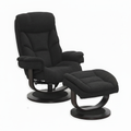 Black fabric Trevoux accent chair with matching ottoman, padded arms, reclining back, curved supports, and round bases, front three-quarter view.