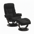 Black fabric Trevoux accent chair with matching ottoman, padded arms, reclining back, curved supports, and round bases, front three-quarter view.