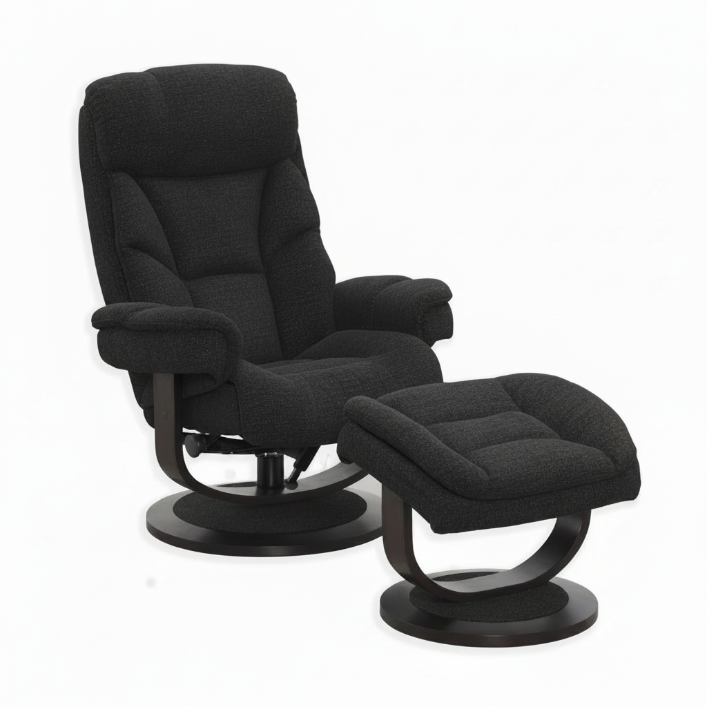 Black fabric Trevoux accent chair with matching ottoman, padded arms, reclining back, curved supports, and round bases, front three-quarter view.