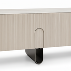 Marivelle TV Stand on a white background, close-up detail of fluted cabinet and arched metal support