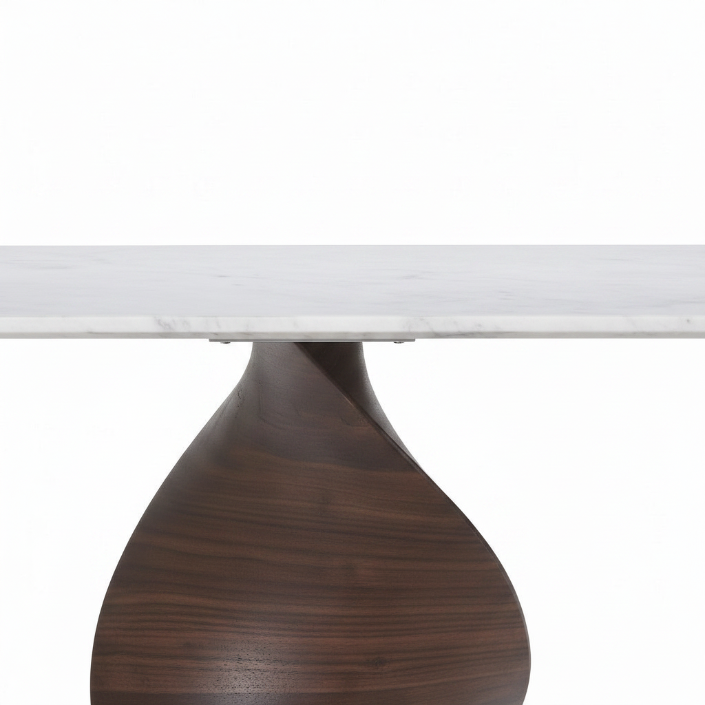 Close-up of the marble and solid ash wood connection on Lucienne Marble Dining Table