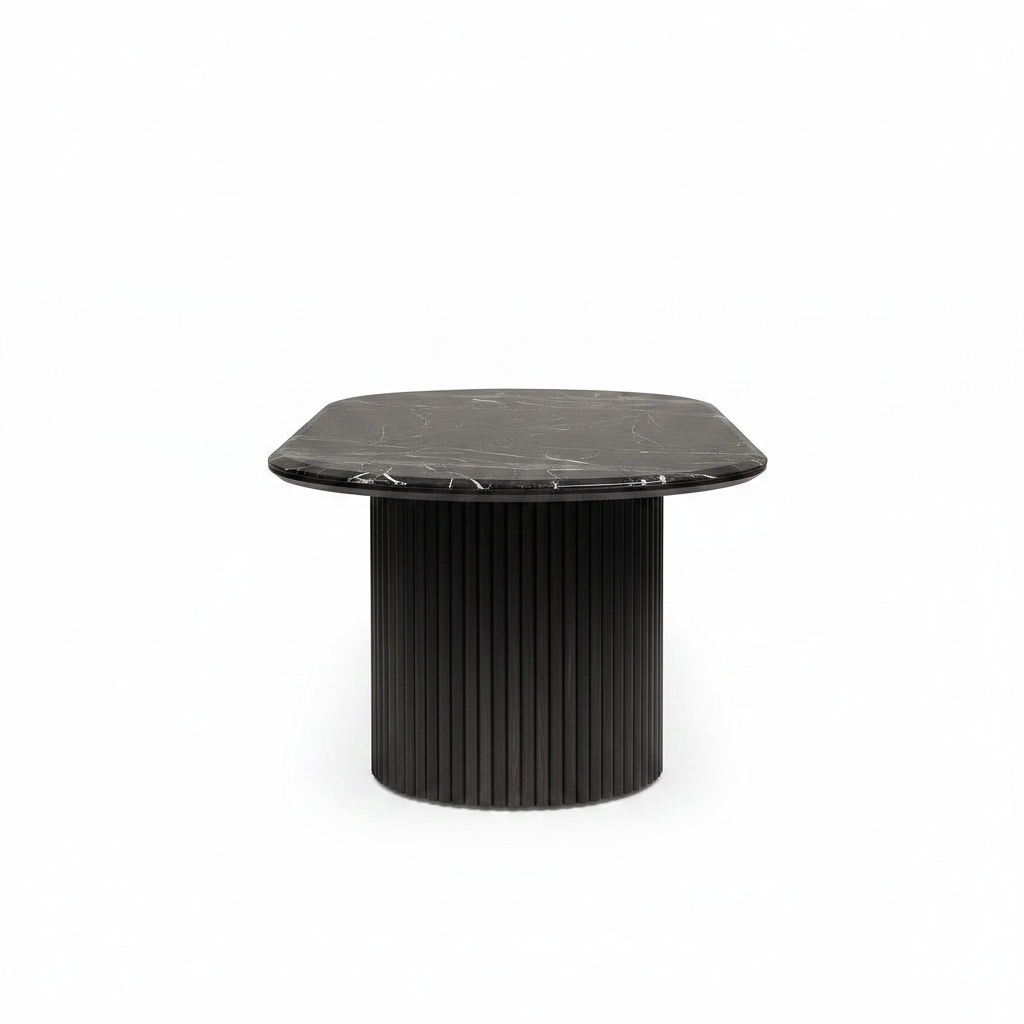 Savoy Oval Marble Dining Table in a 90-degree side profile on a white background