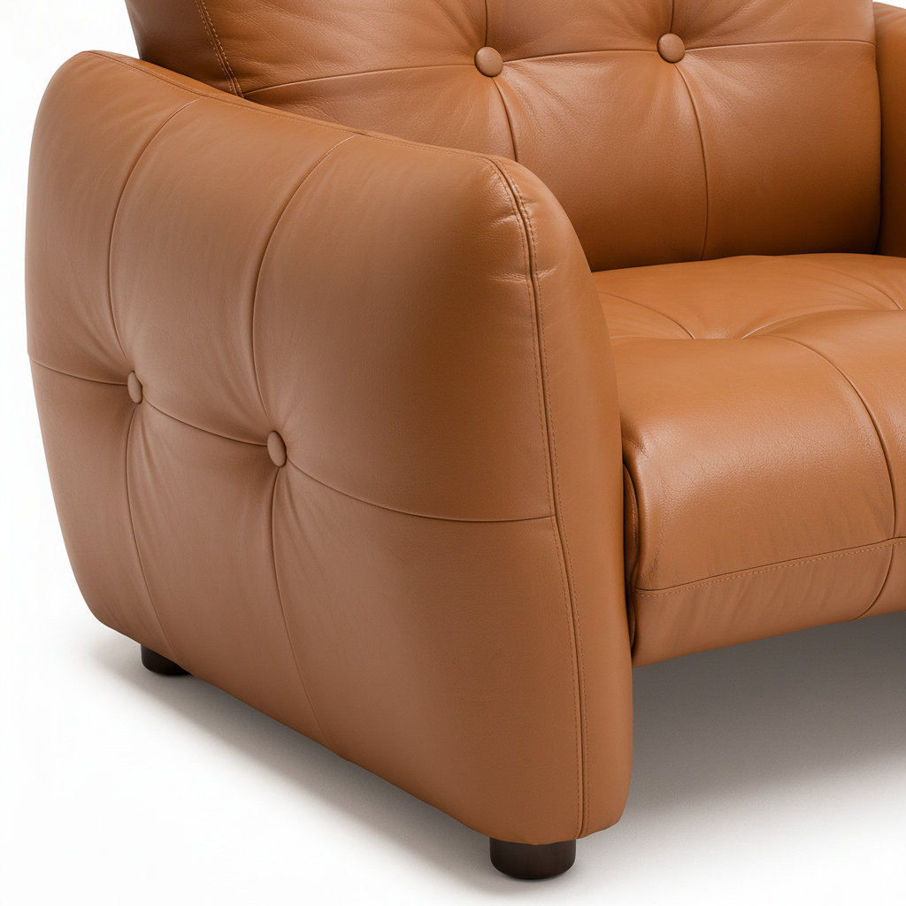 Frelmont Sofa warm tan brown leather armrest seat edge and foot detail