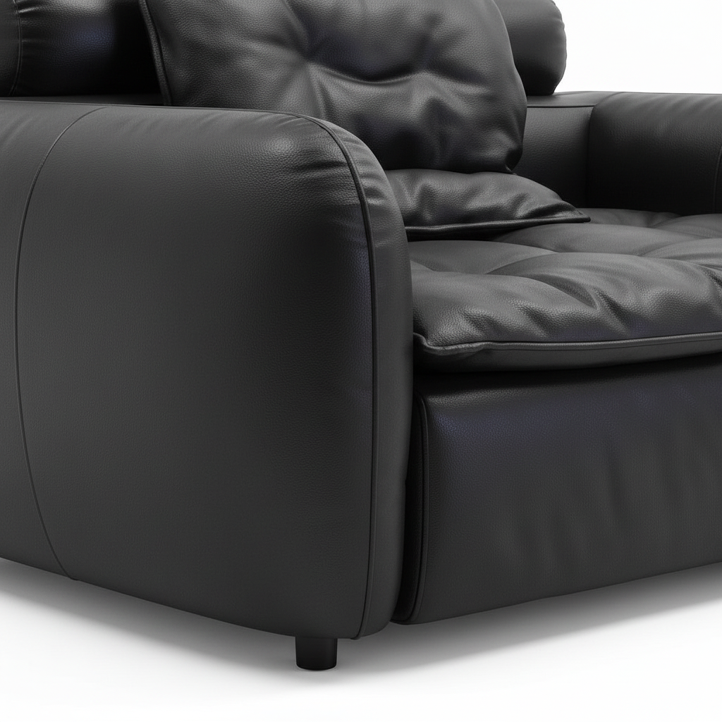 Evarique Sofa black leather right armrest side panel and seat edge detail