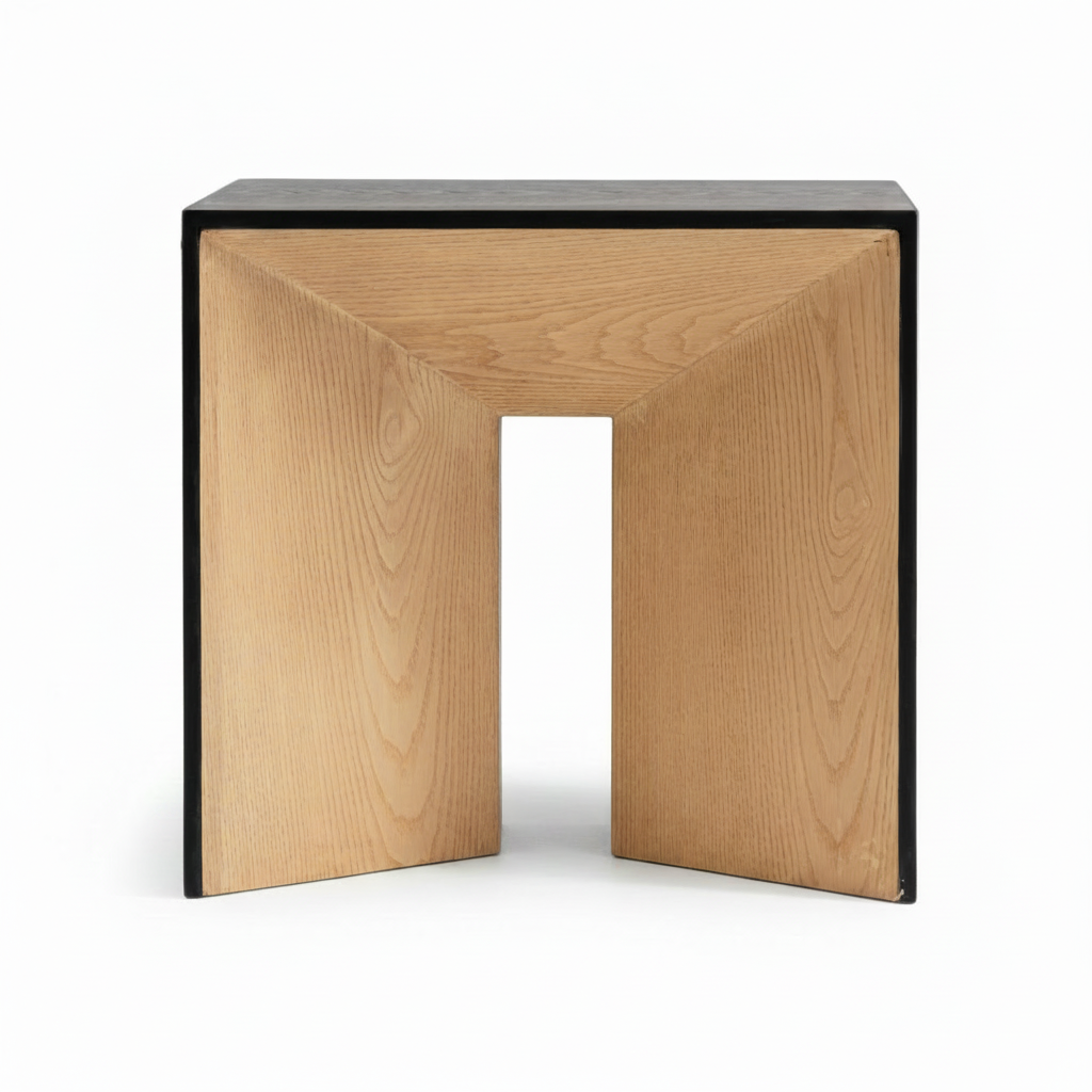 Alerisse End Table on a white background, close-up detail of V-shaped wood supports and central opening