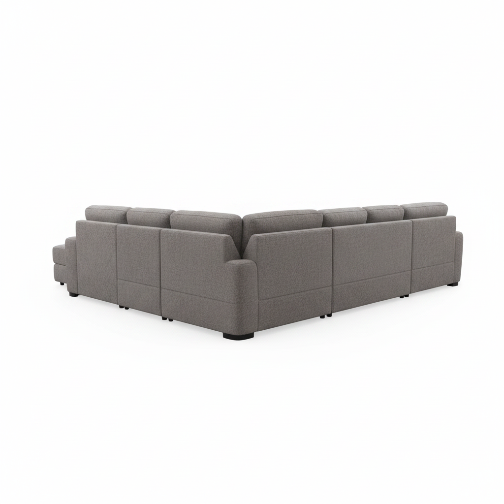 Luscarne gray fabric sectional sofa shown from the rear-right with upholstered back and base