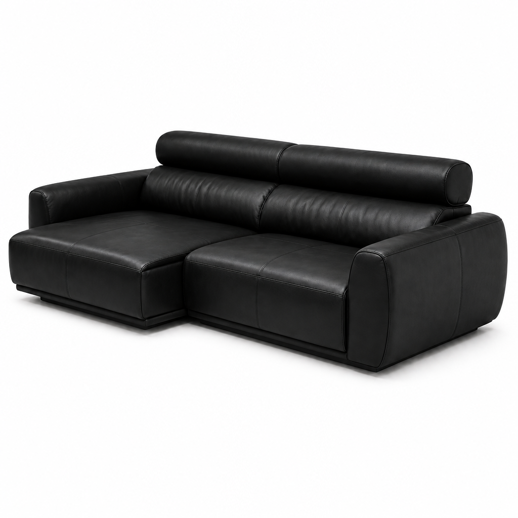 Arquemont Sofa black leather cylindrical back cushions, right-front 45-degree view