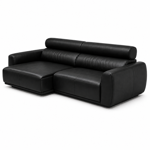 Arquemont Sofa black leather cylindrical back cushions, right-front 45-degree view